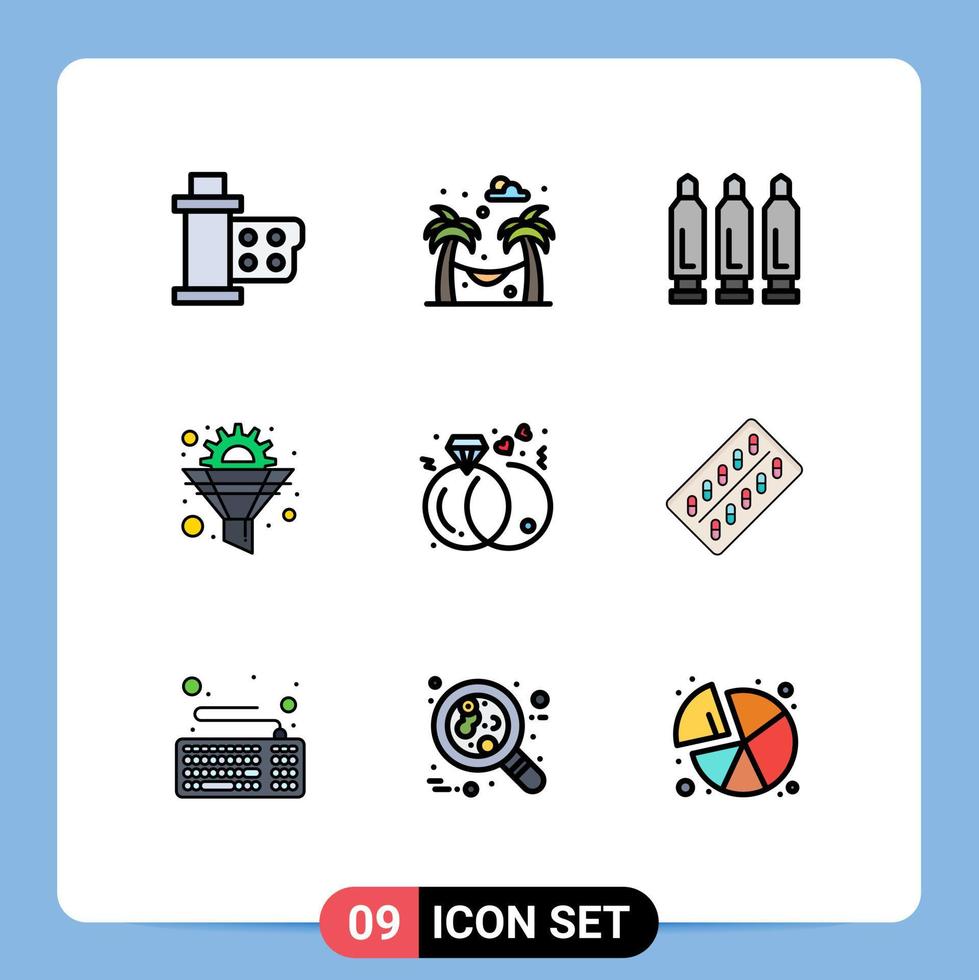 9 interface do usuário pacote de cores planas de linha cheia de sinais e símbolos modernos de engrenagem de diamante funil de engrenagem elementos de design de vetores editáveis