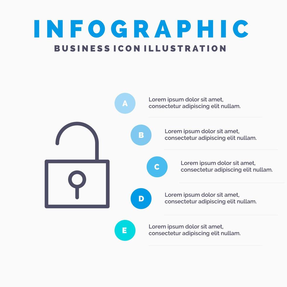 bloquear ícone de linha de interface de usuário desbloqueado com fundo de infográficos de apresentação de 5 etapas vetor