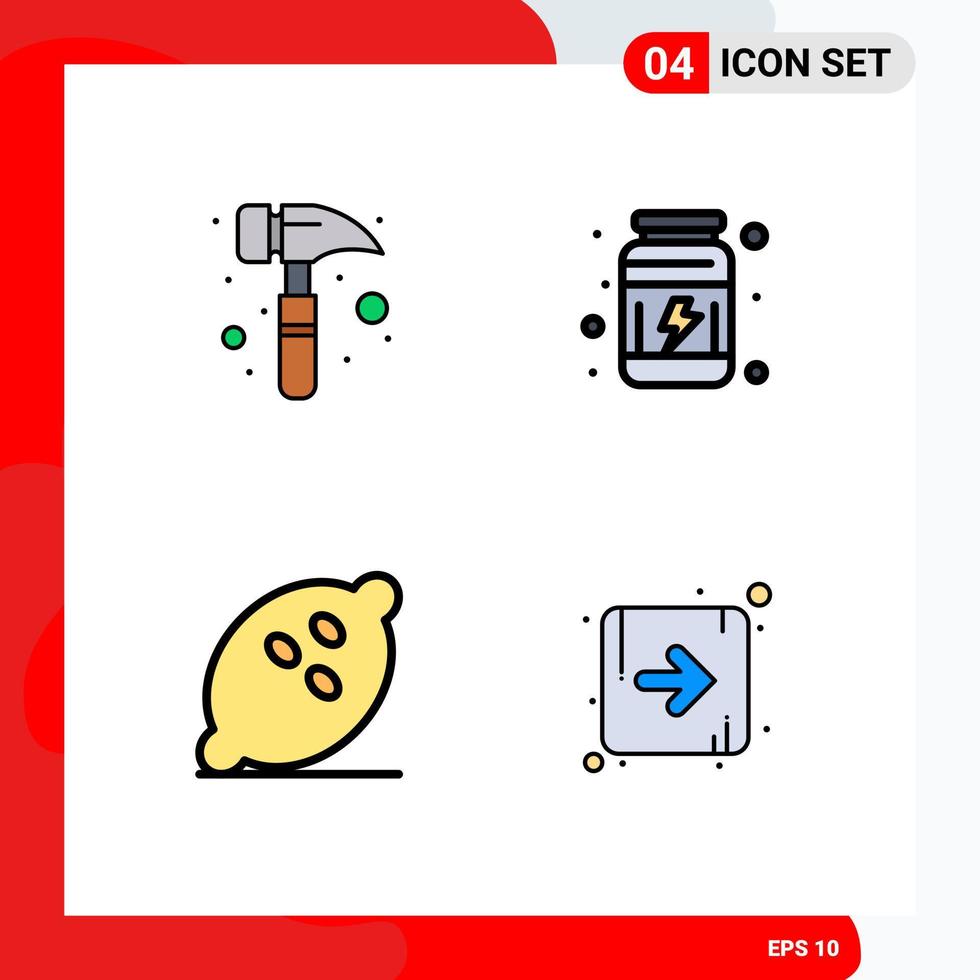 pacote de 4 cores planas criativas preenchidas de garra martelo frutas ginásio vitaminas saudáveis elementos de design de vetores editáveis