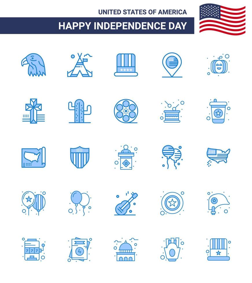 25 sinais azuis para o dia da independência dos eua, sinal de abóbora, mapa de chapéu, americano, editável, elementos de design vetorial do dia dos eua vetor