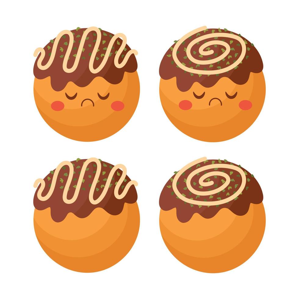 Doodle plana clipart. takoyaki fofo, comida de rua asiática. todos os objetos são repintados. vetor