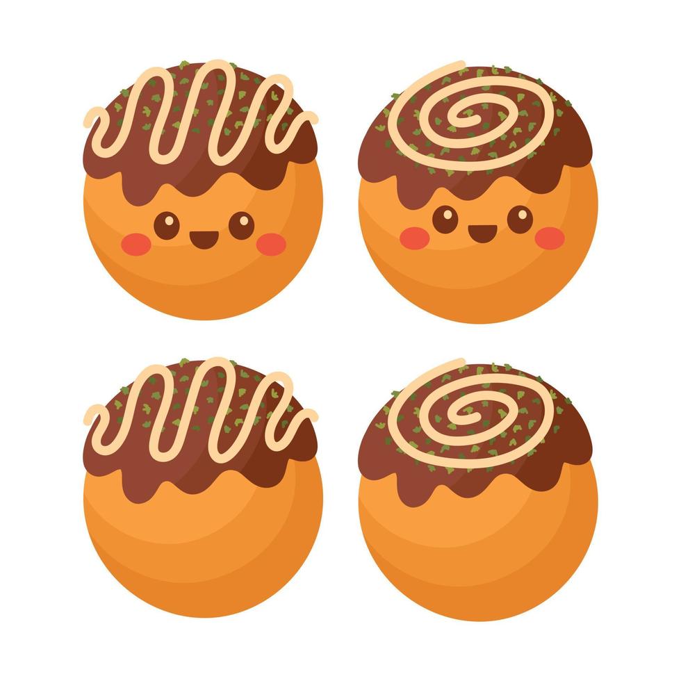 Doodle plana clipart. takoyaki fofo, comida de rua asiática. todos os objetos são repintados. vetor