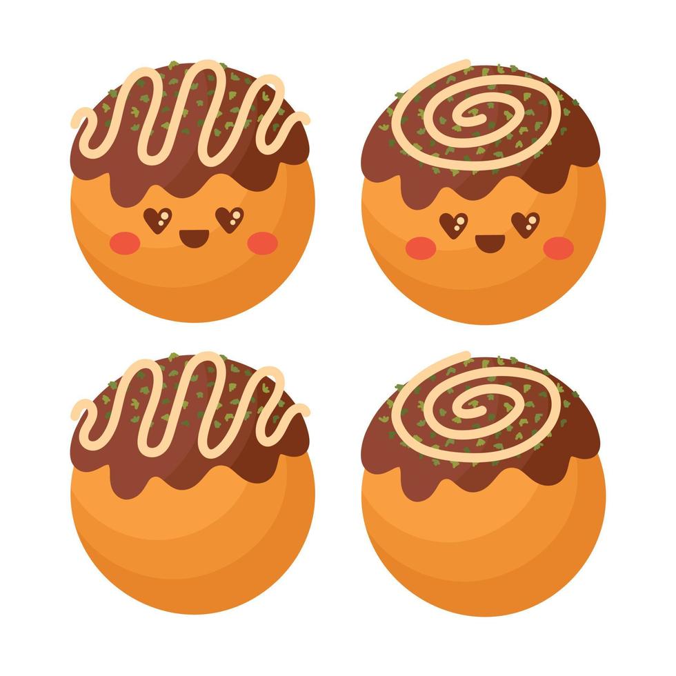 Doodle plana clipart. takoyaki fofo, comida de rua asiática. todos os objetos são repintados. vetor