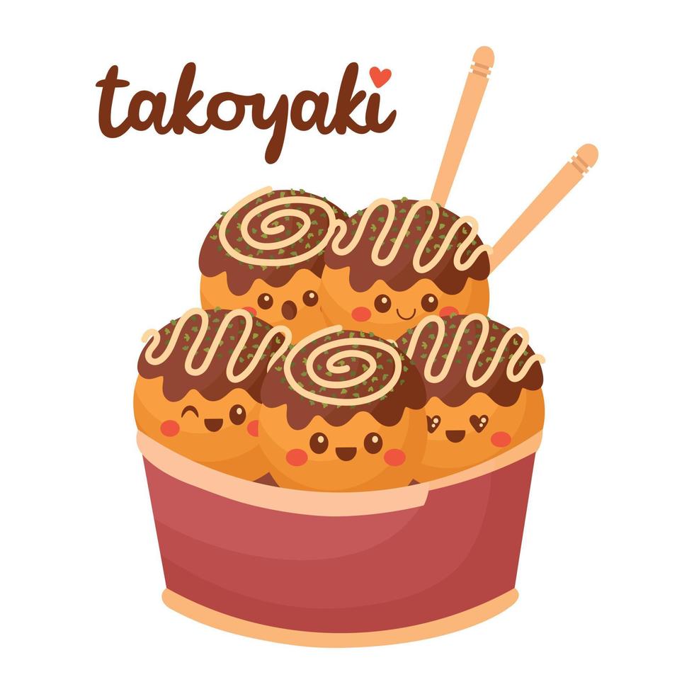 Doodle plana clipart. takoyaki fofo, comida de rua asiática. todos os objetos são repintados. vetor