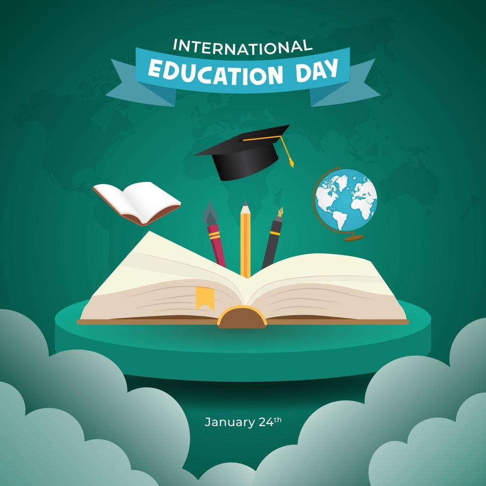 feliz dia internacional da educação 24 de janeiro ilustração com instrumento educacional sobre fundo verde vetor
