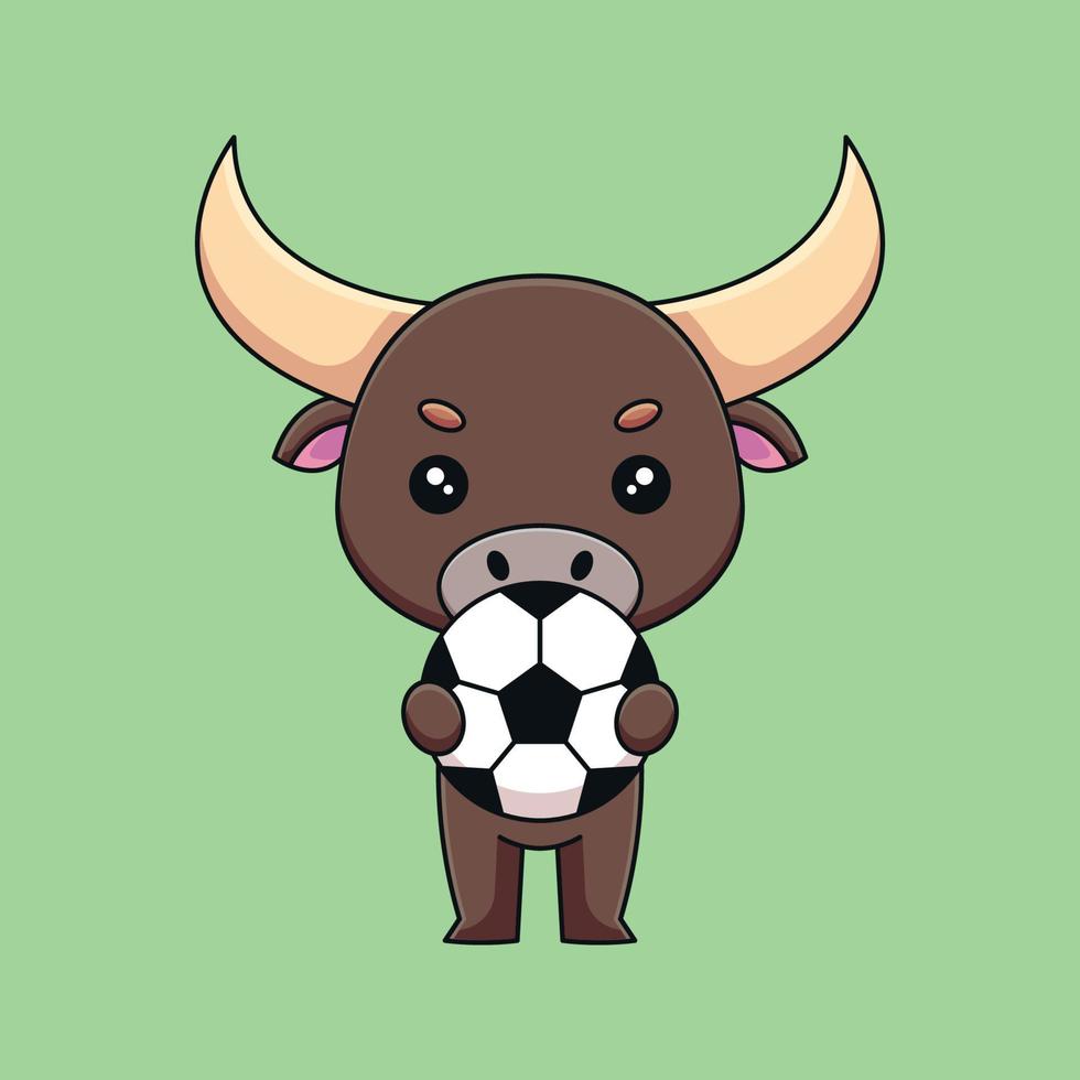 touro bonito segurando bola de futebol mascote dos desenhos animados doodle arte mão desenhada conceito vetor ilustração do ícone kawaii