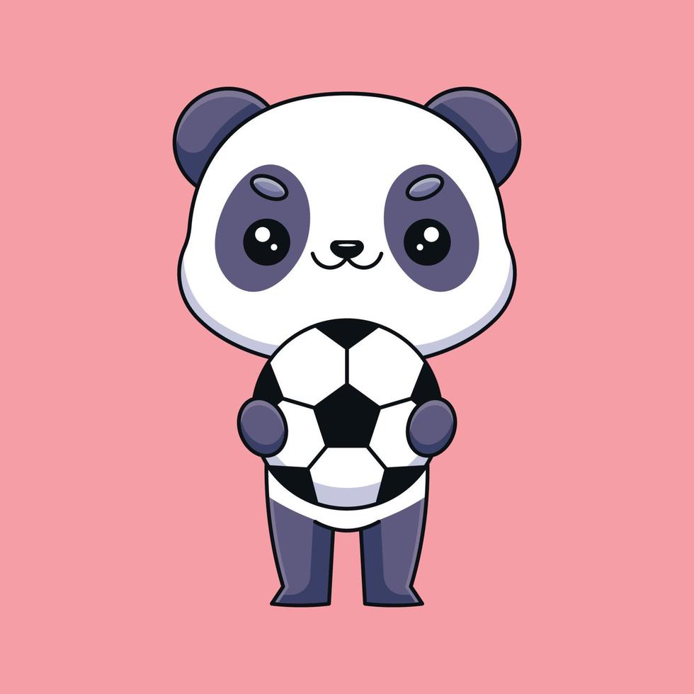 panda bonito segurando bola de futebol mascote dos desenhos animados doodle arte mão desenhada conceito vetor ilustração ícone kawaii