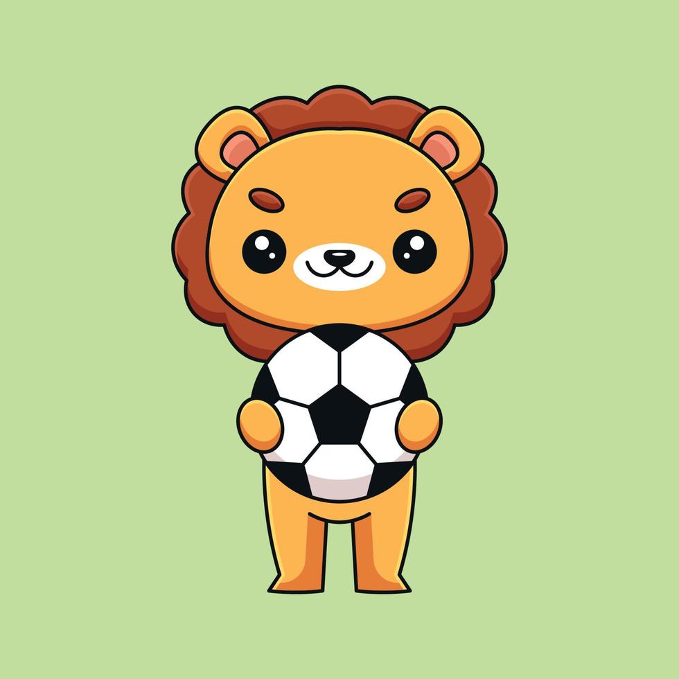leão bonito segurando bola de futebol mascote dos desenhos animados doodle arte mão desenhada conceito vetor ilustração ícone kawaii