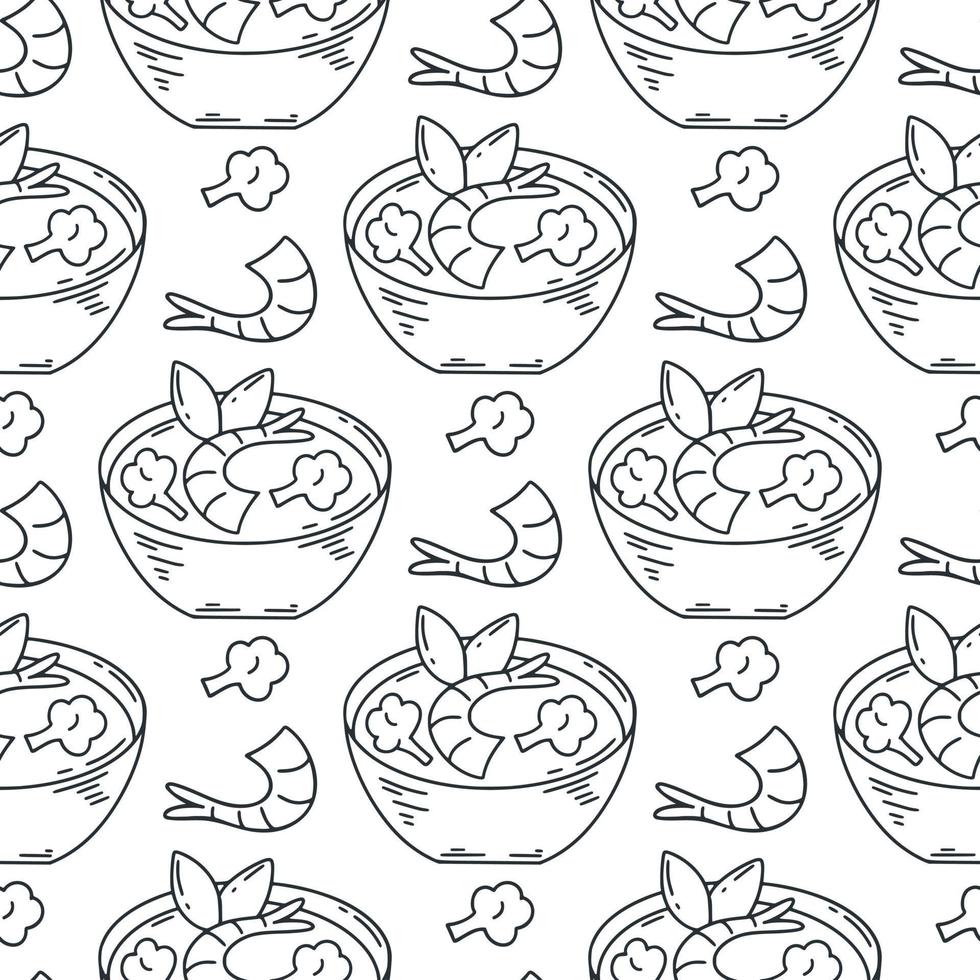 sopa de miso doodle padrão sem emenda. esboço de tinta de comida asiática de fundo vetor