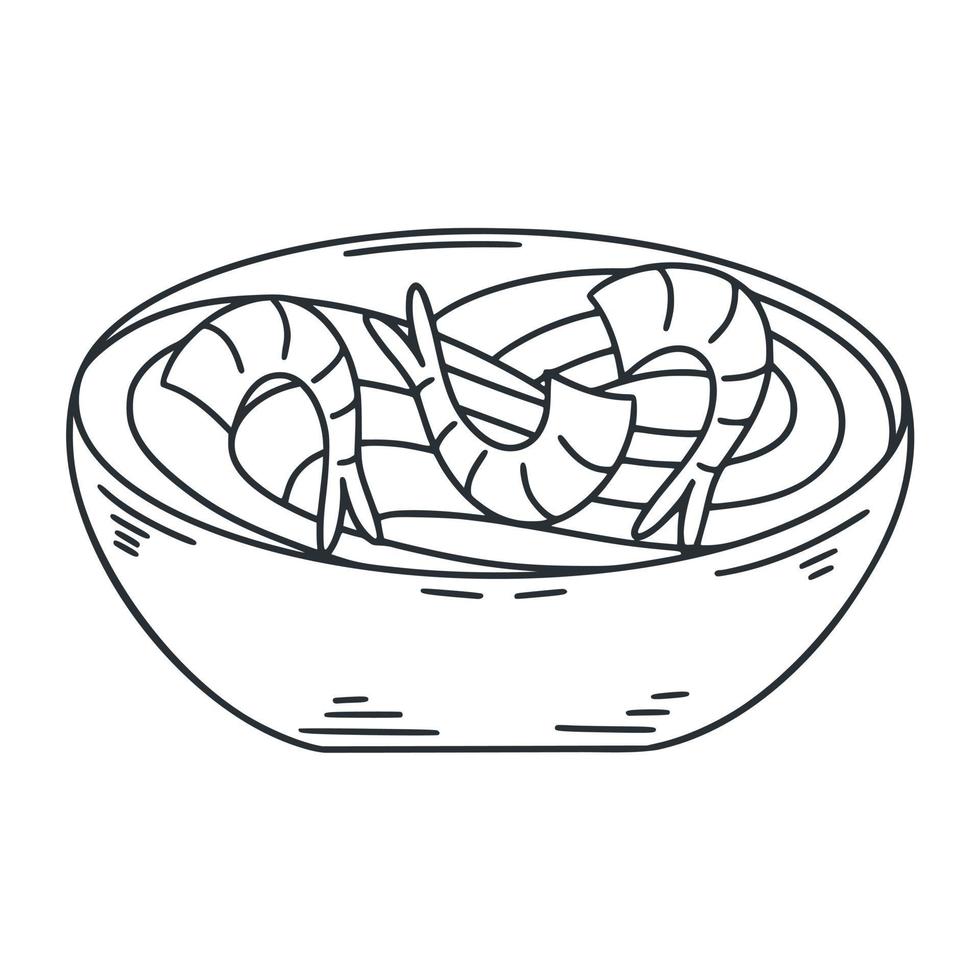 macarrão udon japonês com ilustração de doodle de camarão vetor