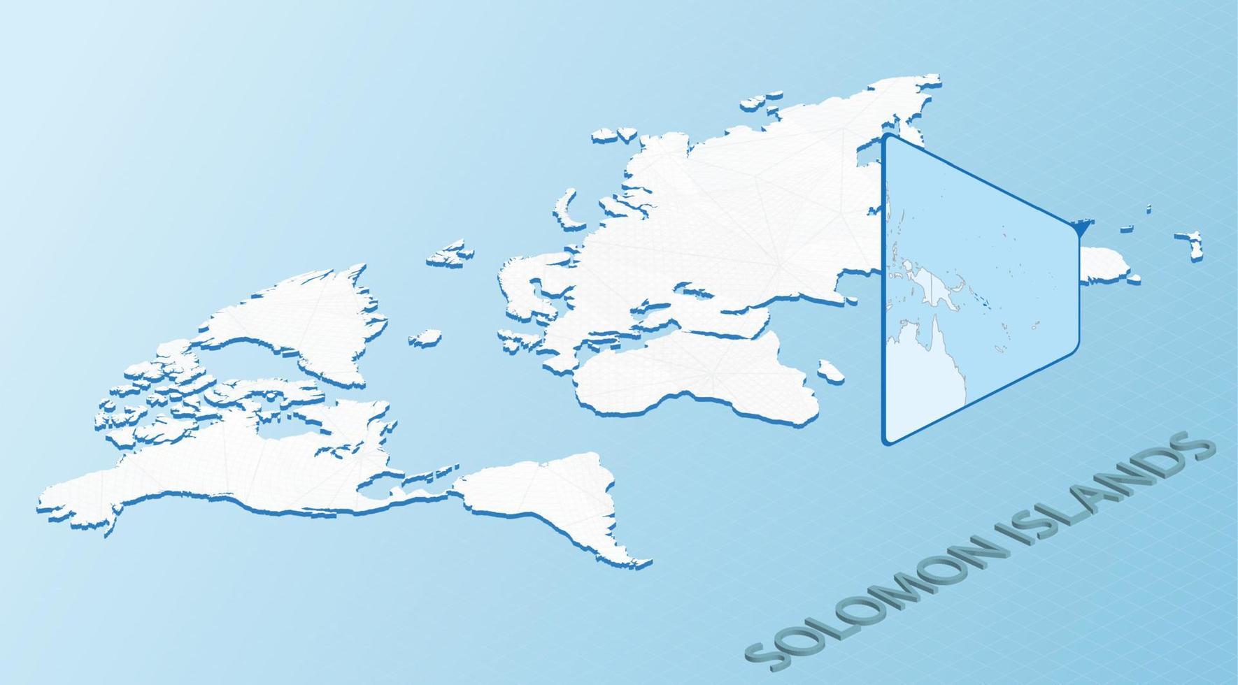 mapa-múndi em estilo isométrico com mapa detalhado das Ilhas Salomão. mapa das Ilhas Salomão em azul claro com mapa-múndi abstrato. vetor