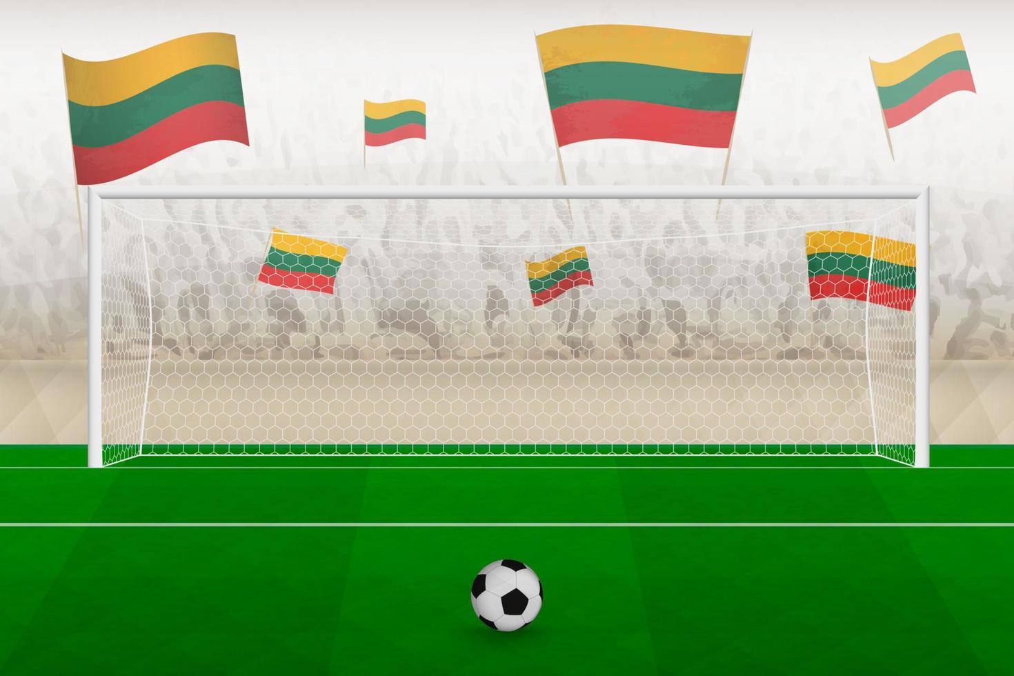 Fãs do time de futebol da Lituânia com bandeiras da Lituânia torcendo no estádio, conceito de pênalti em uma partida de futebol. vetor