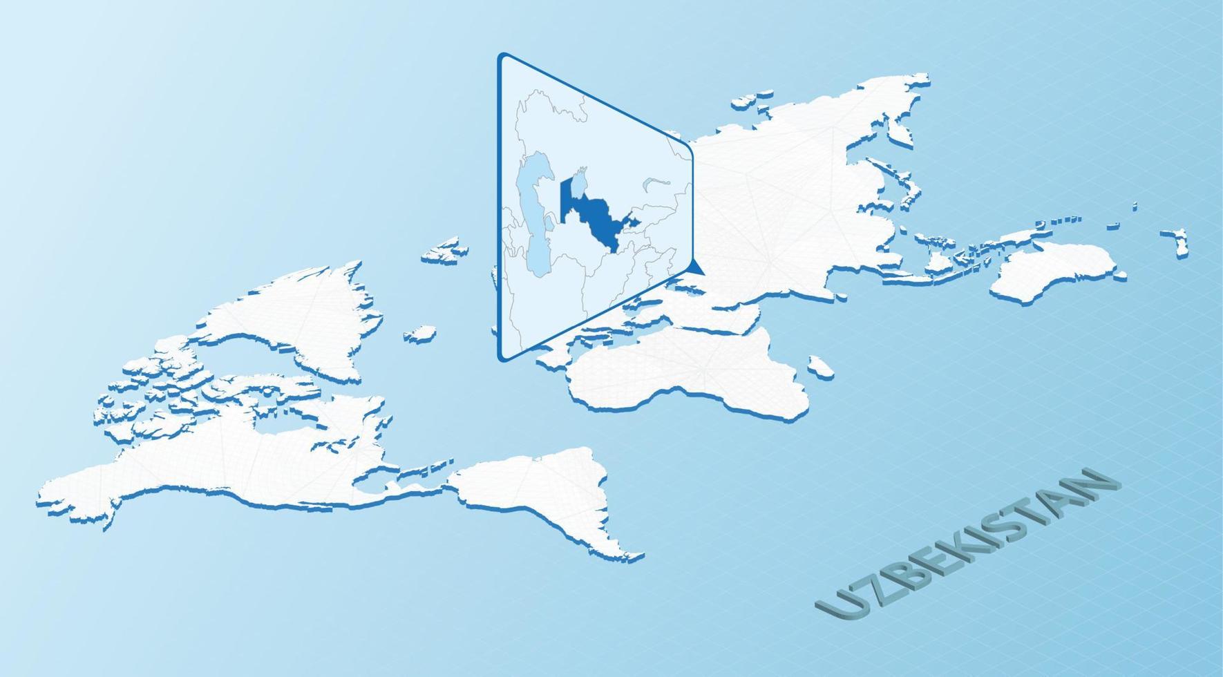 mapa-múndi em estilo isométrico com mapa detalhado do Uzbequistão. mapa do Uzbequistão azul claro com mapa-múndi abstrato. vetor