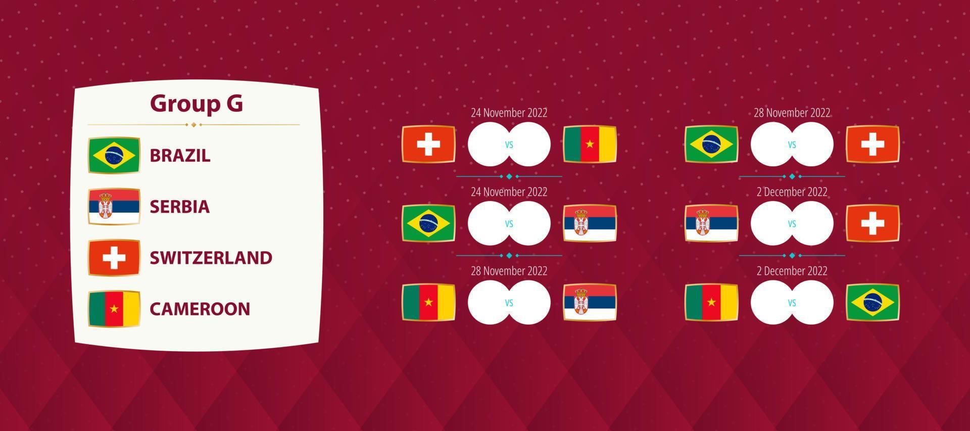 partidas do grupo g do torneio internacional de futebol, partidas da programação da seleção nacional de futebol para a competição de 2022. vetor