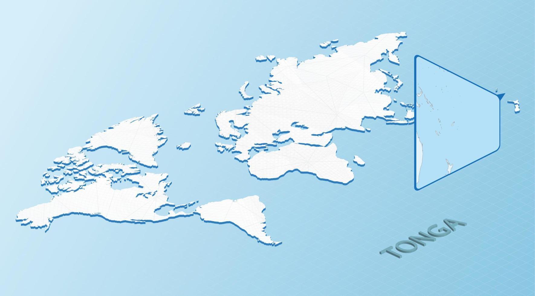 mapa-múndi em estilo isométrico com mapa detalhado de tonga. mapa tonga azul claro com mapa-múndi abstrato. vetor