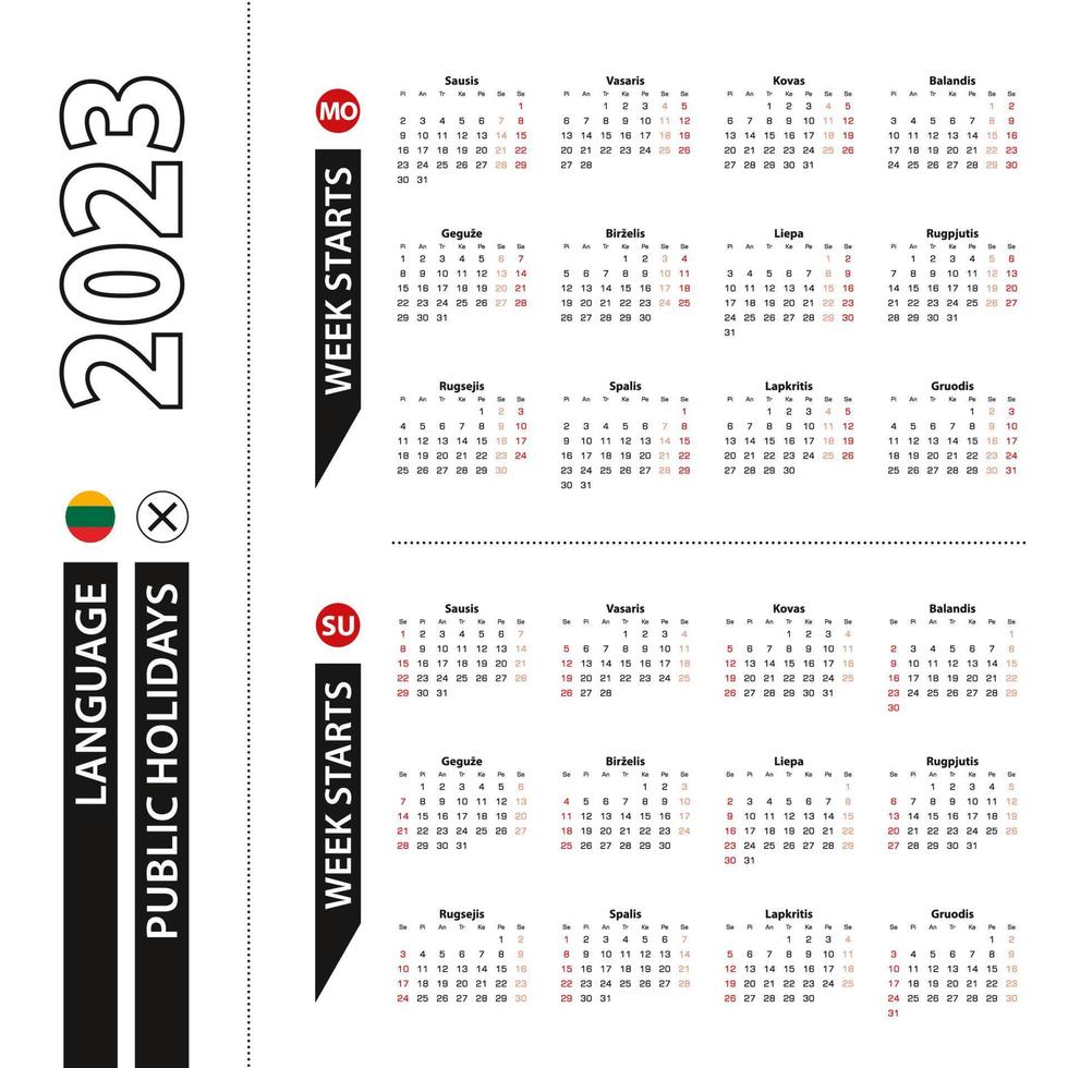 duas versões do calendário de 2023 em lituano, a semana começa na segunda-feira e a semana começa no domingo. vetor