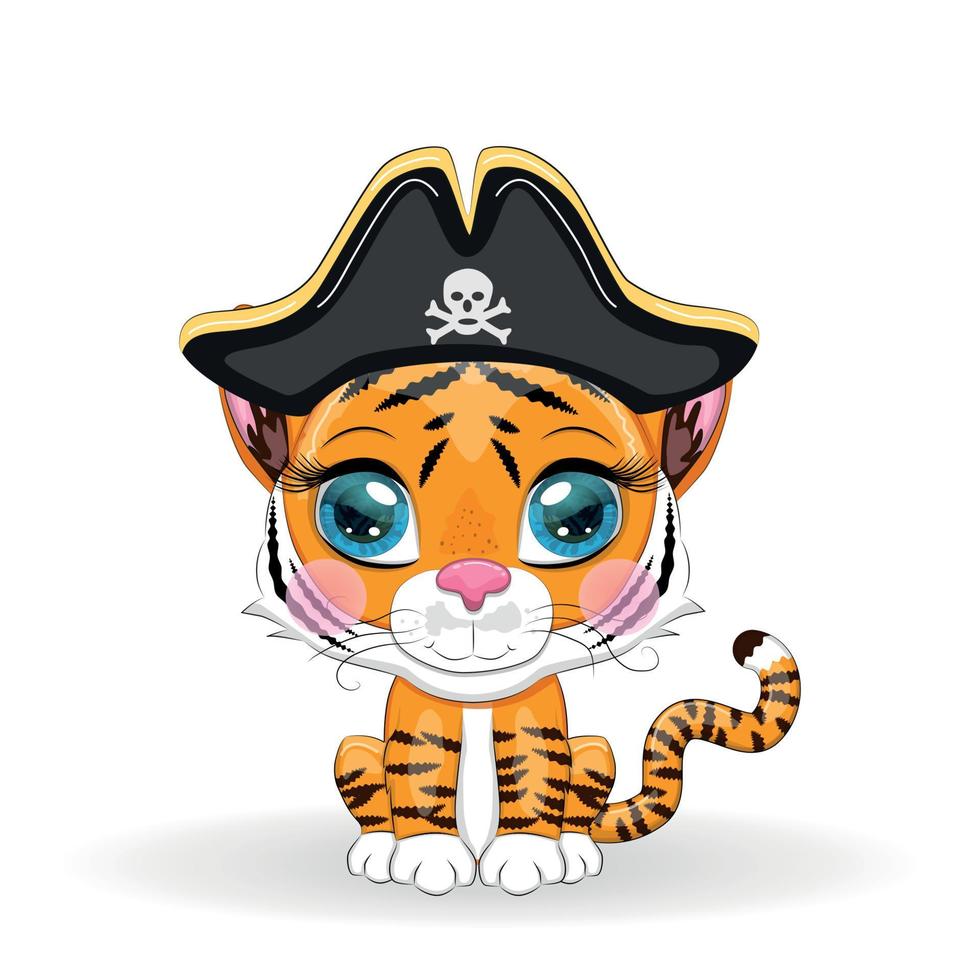 pirata tigre, personagem de desenho animado do jogo, gato animal selvagem em uma bandana e um chapéu armado com uma caveira, com um tapa-olho. personagem com olhos brilhantes vetor