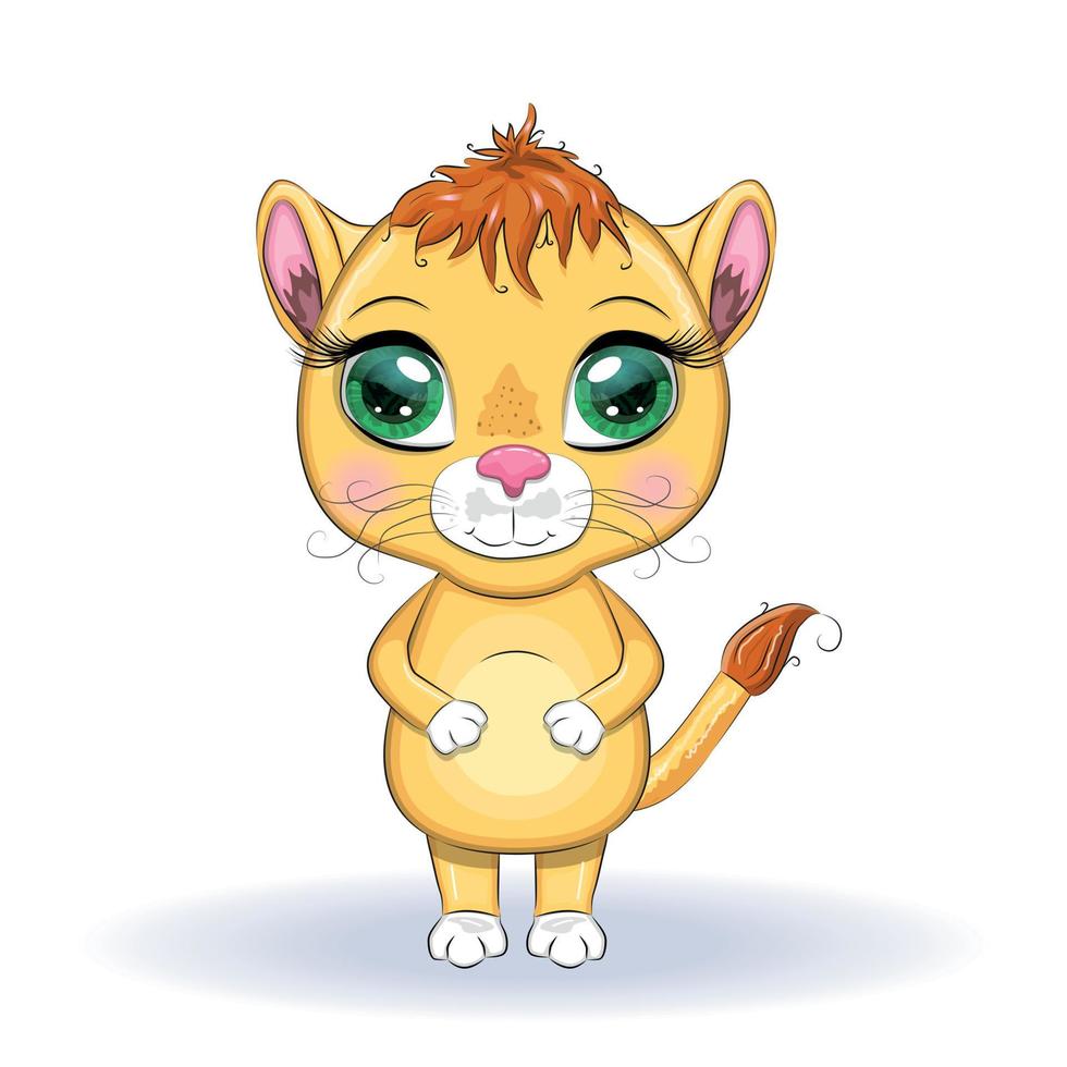 leoa dos desenhos animados com olhos expressivos. animais selvagens, personagem, estilo fofo infantil. vetor