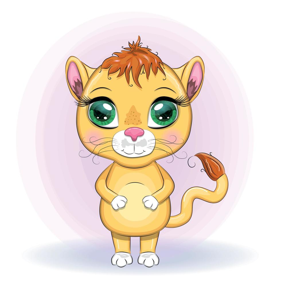 leoa dos desenhos animados com olhos expressivos. animais selvagens, personagem, estilo fofo infantil. vetor