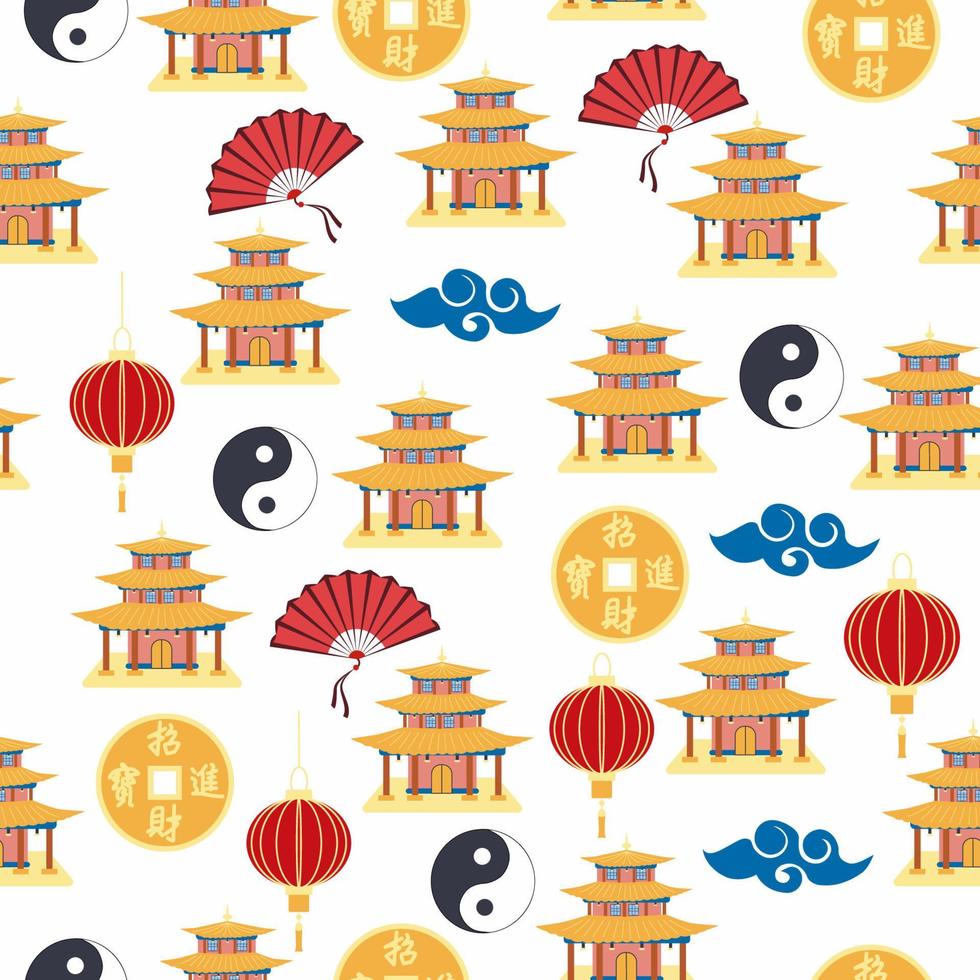 padrão sem emenda da casa chinesa dos desenhos animados. símbolos chineses da moeda com hieróglifos, yin-yang, leque vermelho, lanternas. vetor