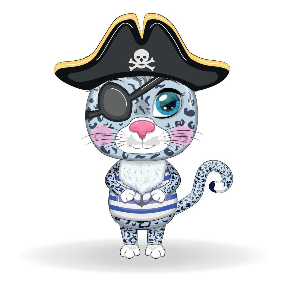 pirata leopardo da neve, personagem de desenho animado do jogo, gato selvagem em uma bandana e um chapéu armado com uma caveira, com um tapa-olho. personagem com olhos brilhantes vetor