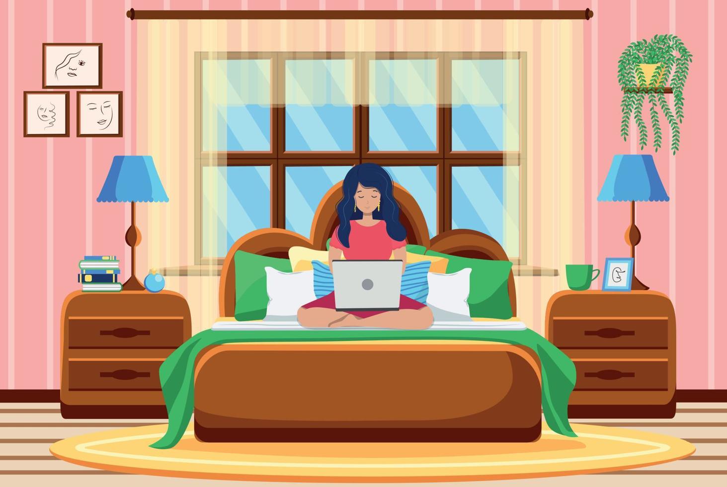 uma jovem trabalha remotamente em casa. a mulher está deitada na cama e trabalhando em um laptop. vetor