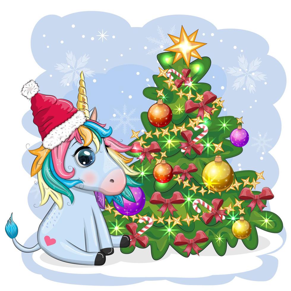 unicórnio bonito dos desenhos animados no chapéu de Papai Noel perto da árvore de natal com presentes, bolas. ano novo e cartão de saudação de natal. vetor