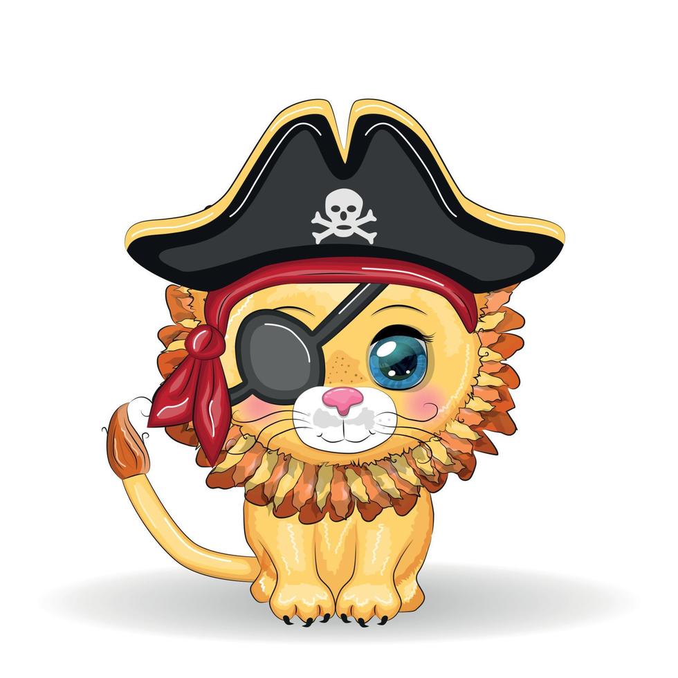 pirata leão, personagem de desenho animado do jogo, gato animal selvagem em uma bandana e um chapéu armado com uma caveira, com um tapa-olho. personagem com olhos brilhantes vetor
