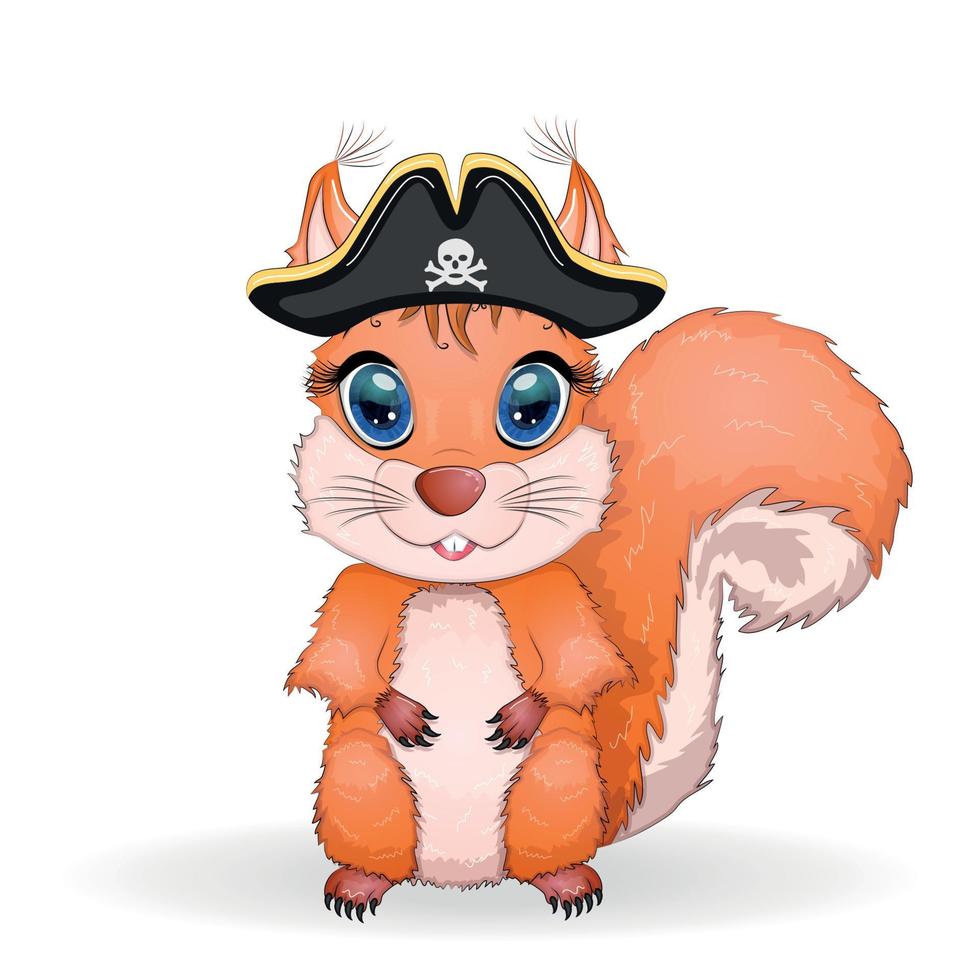 esquilo pirata, personagem de desenho animado do jogo, animal selvagem de bandana e chapéu de bico com caveira, com tapa-olho. personagem com olhos brilhantes vetor