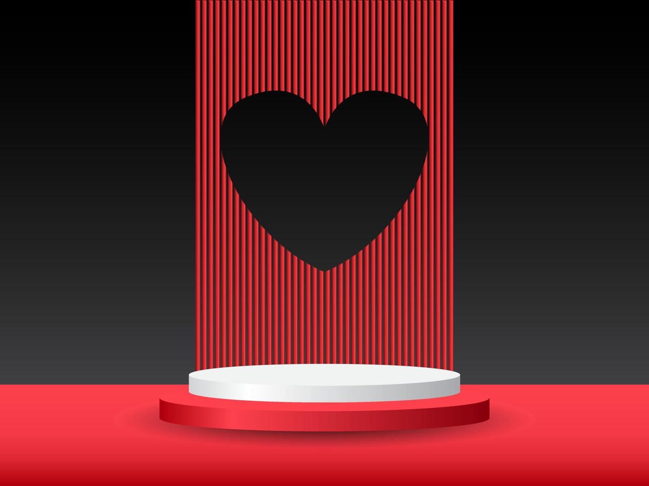 pódio de pedestal de cilindro 3d vermelho e branco realista com fundo de forma de coração de janela. cena mínima dos namorados para vitrine de produtos, exibição de promoção. design de plataforma de sala de estúdio abstrato vetorial vetor