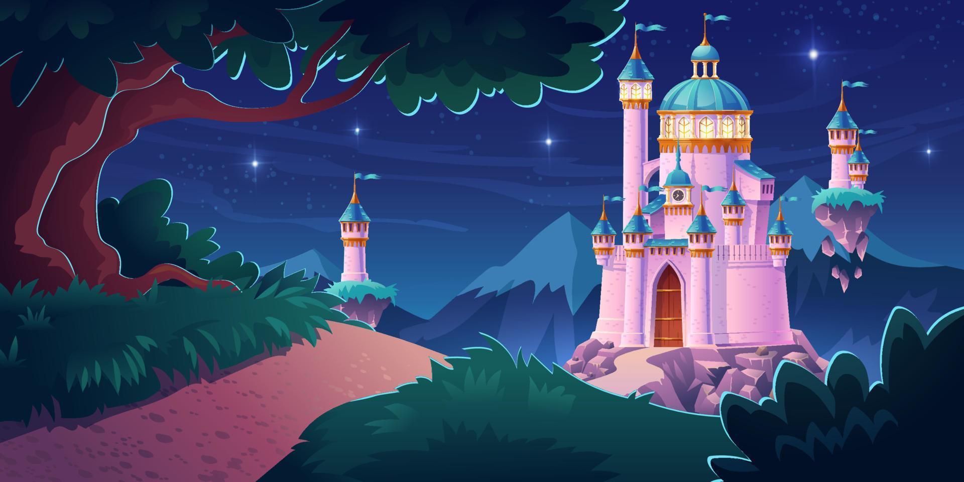 castelo mágico rosa, palácio de fadas da princesa à noite vetor