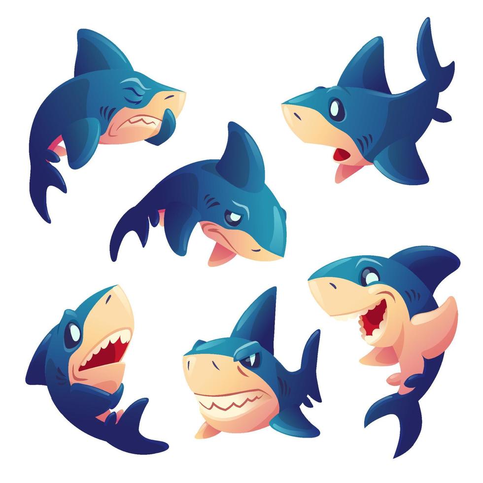 personagem de tubarão fofo com emoções diferentes vetor
