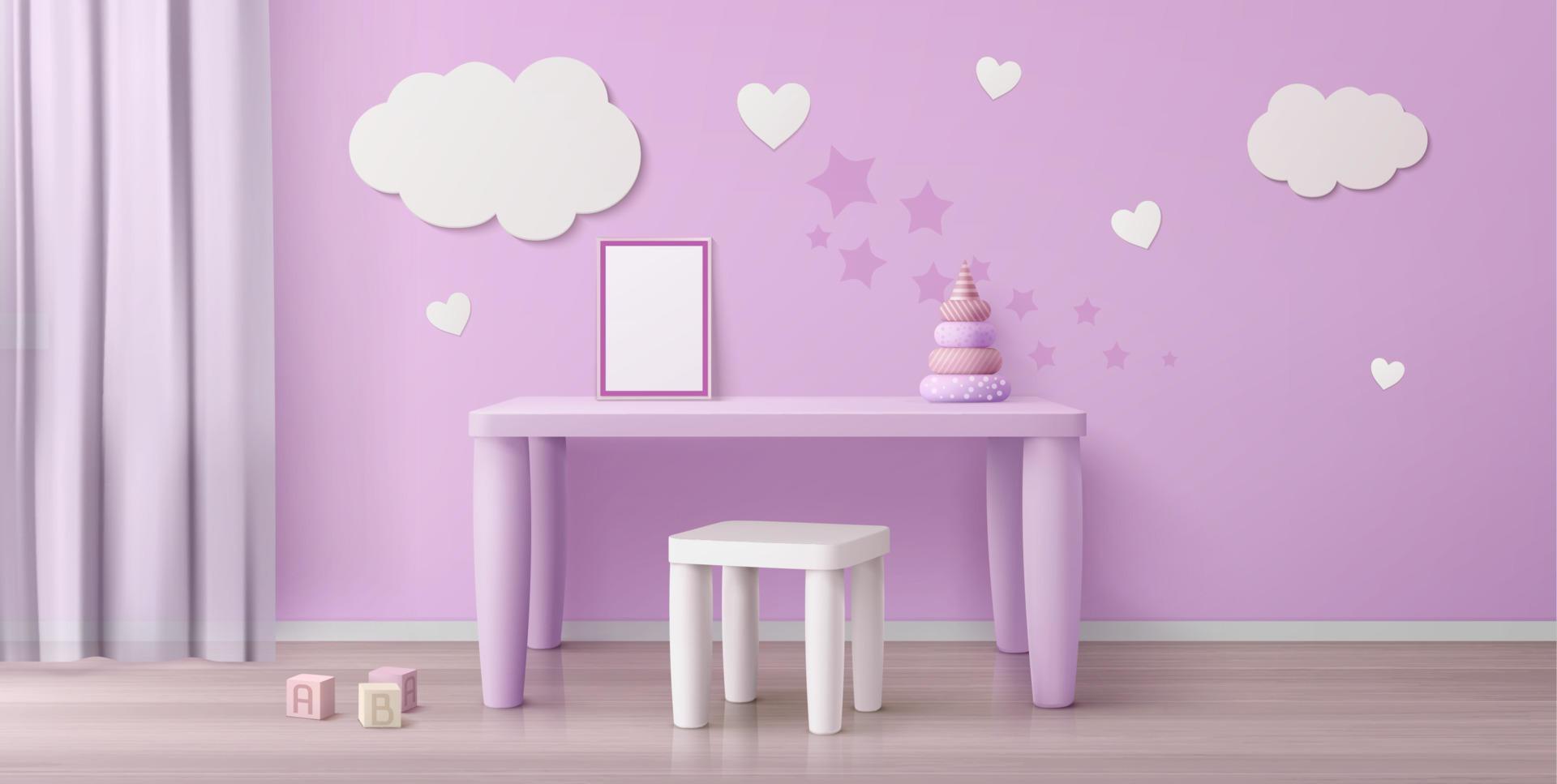 quarto de criança com mesa rosa, cadeira e pôster branco vetor