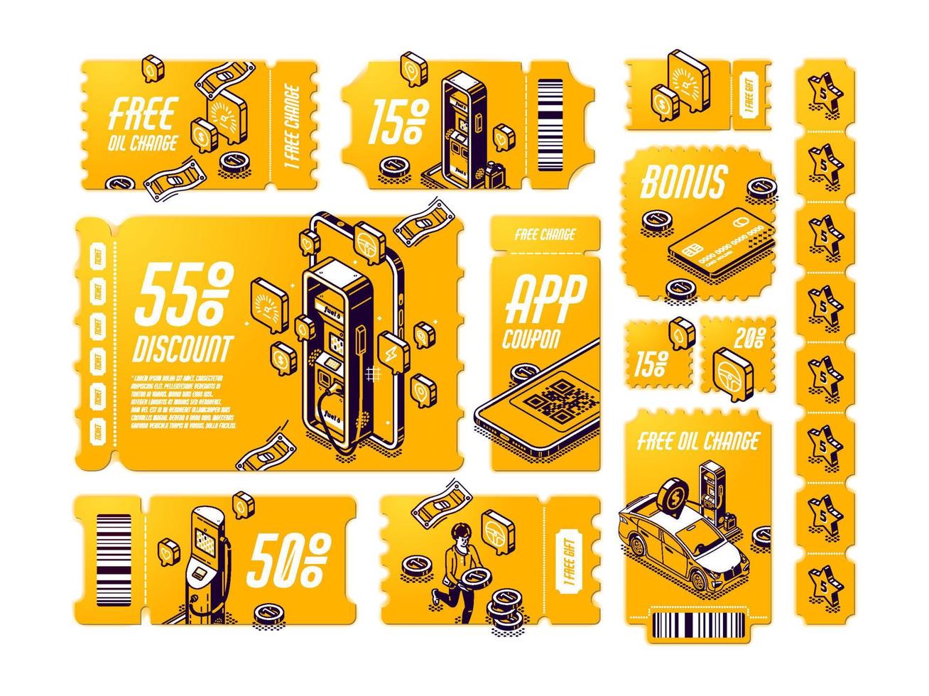 cupons de desconto isométricos para conjunto de troca de óleo grátis vetor