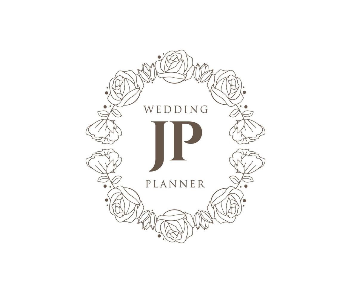 jp letras iniciais coleção de logotipos de monograma de casamento, modelos minimalistas e florais modernos desenhados à mão para cartões de convite, salve a data, identidade elegante para restaurante, boutique, café em vetor