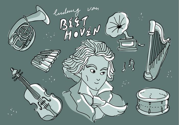 Ilustração do vetor do Doodle do instrumento da legenda Ludwig Van Beethoven do músico