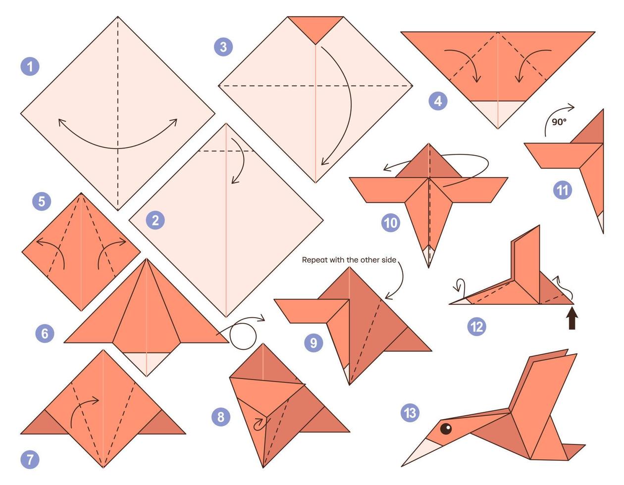pelican origami esquema tutorial modelo em movimento. origami para crianças. passo a passo como fazer um lindo pássaro de origami. ilustração vetorial. vetor