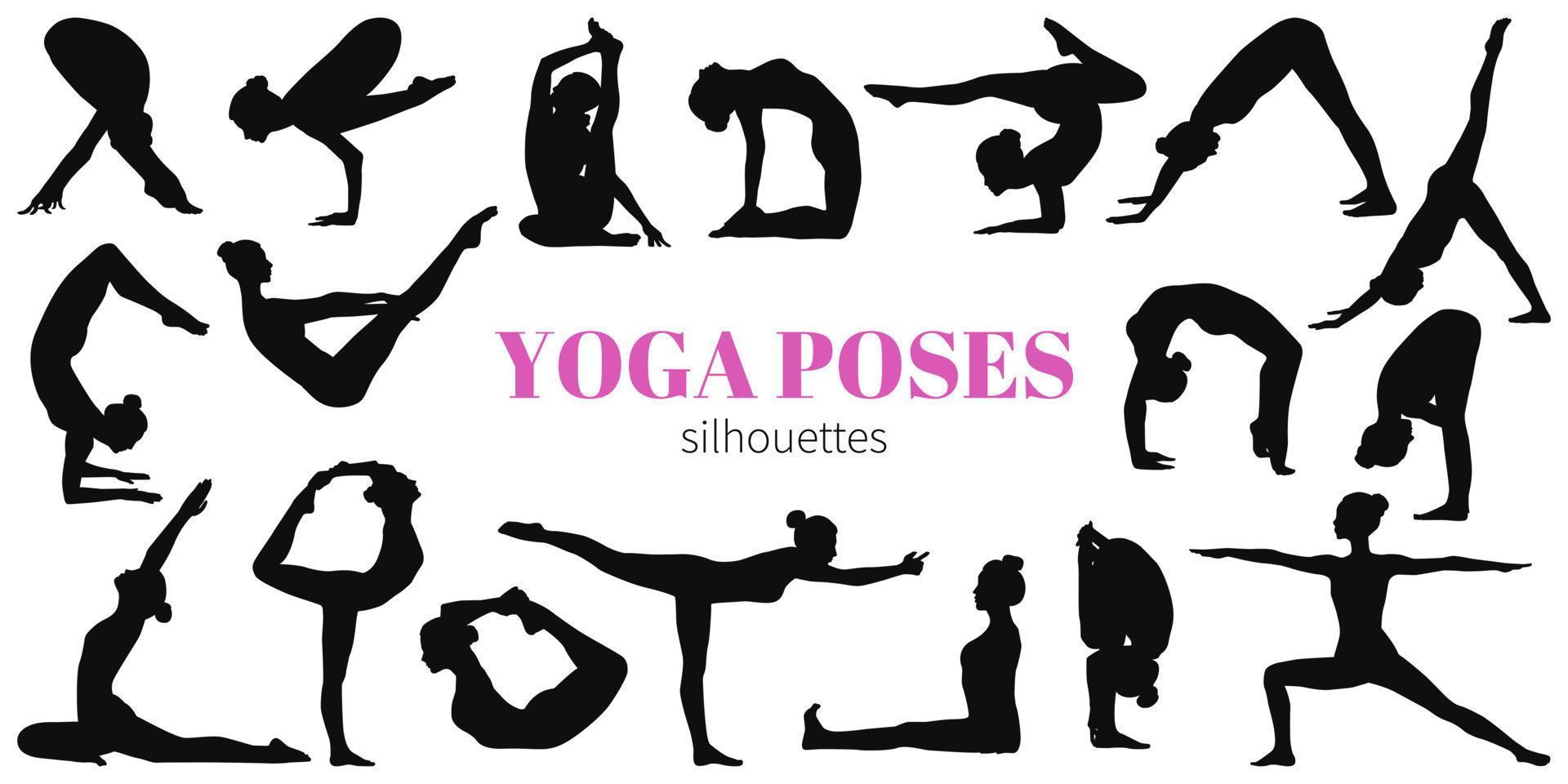 conjunto de silhuetas femininas fazendo exercícios de ioga e fitness. estilo de vida saudável. várias posições de ioga. isolado no fundo branco. vetor
