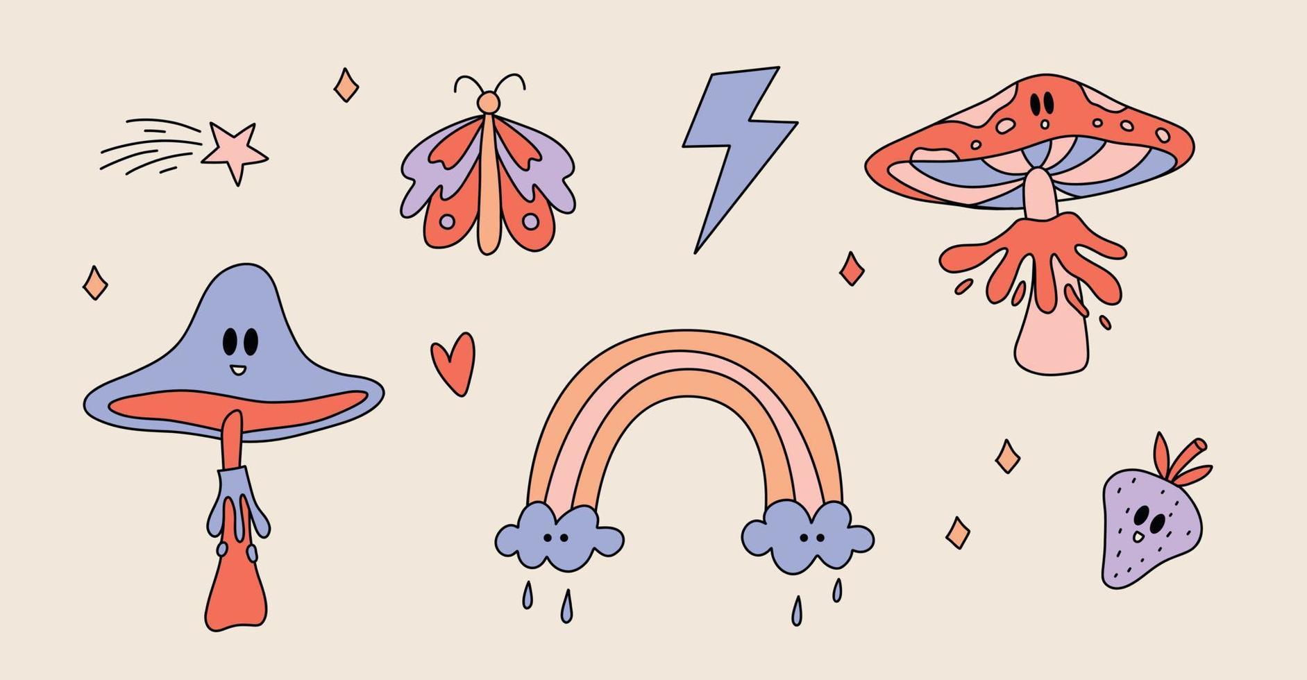 engraçados adesivos retrô de estética groovy psicodélica. conjunto de desenhos animados vintage de cogumelos, arco-íris, raio, borboleta, estrelas de morango e corações. funky anos 60 - elementos dos anos 70 vetor