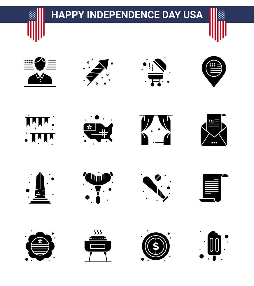conjunto de 16 pacotes de glifos sólidos modernos na decoração do dia da independência dos eua guirlanda churrasco dia americano mapa editável dia dos eua vetor elementos de design