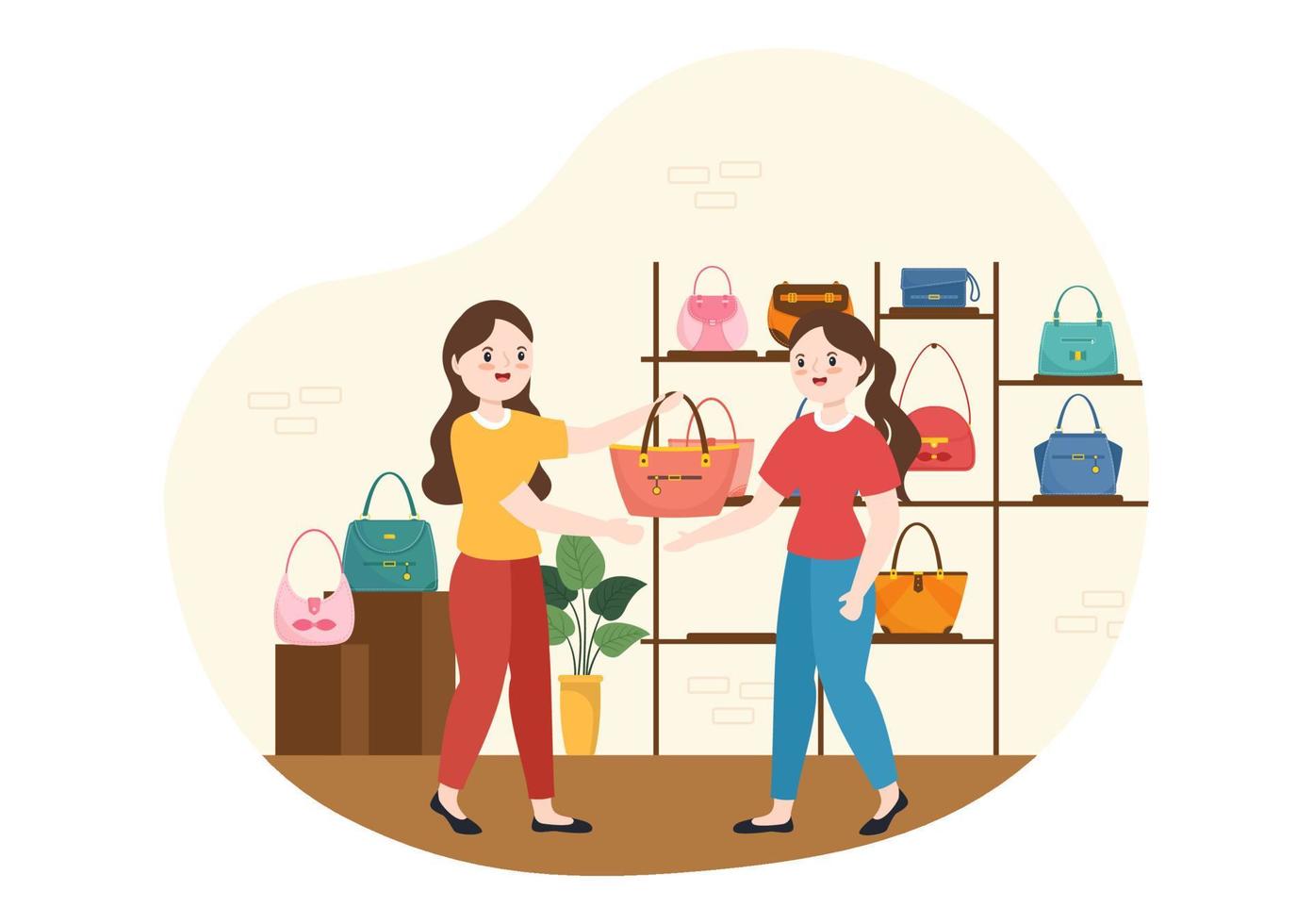loja de bolsas com coleção de várias bolsas de qualidade e diferentes tipos de estilo de vida em ilustração de modelo de desenho animado desenhado à mão plana vetor