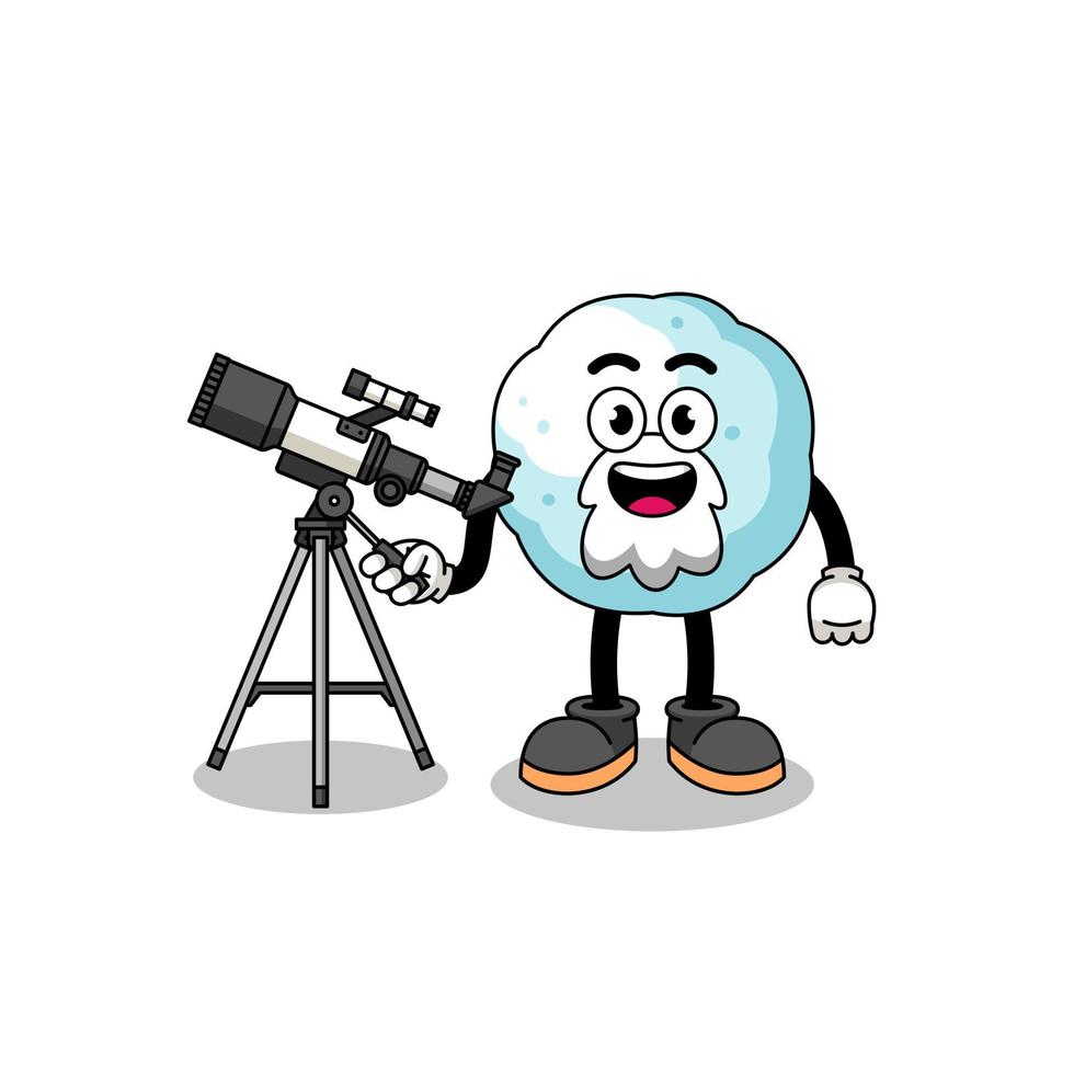 ilustração do mascote bola de neve como astrônomo vetor