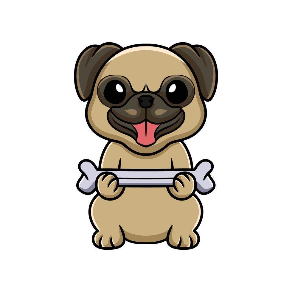 desenho de cachorro pug bonitinho segurando um osso vetor