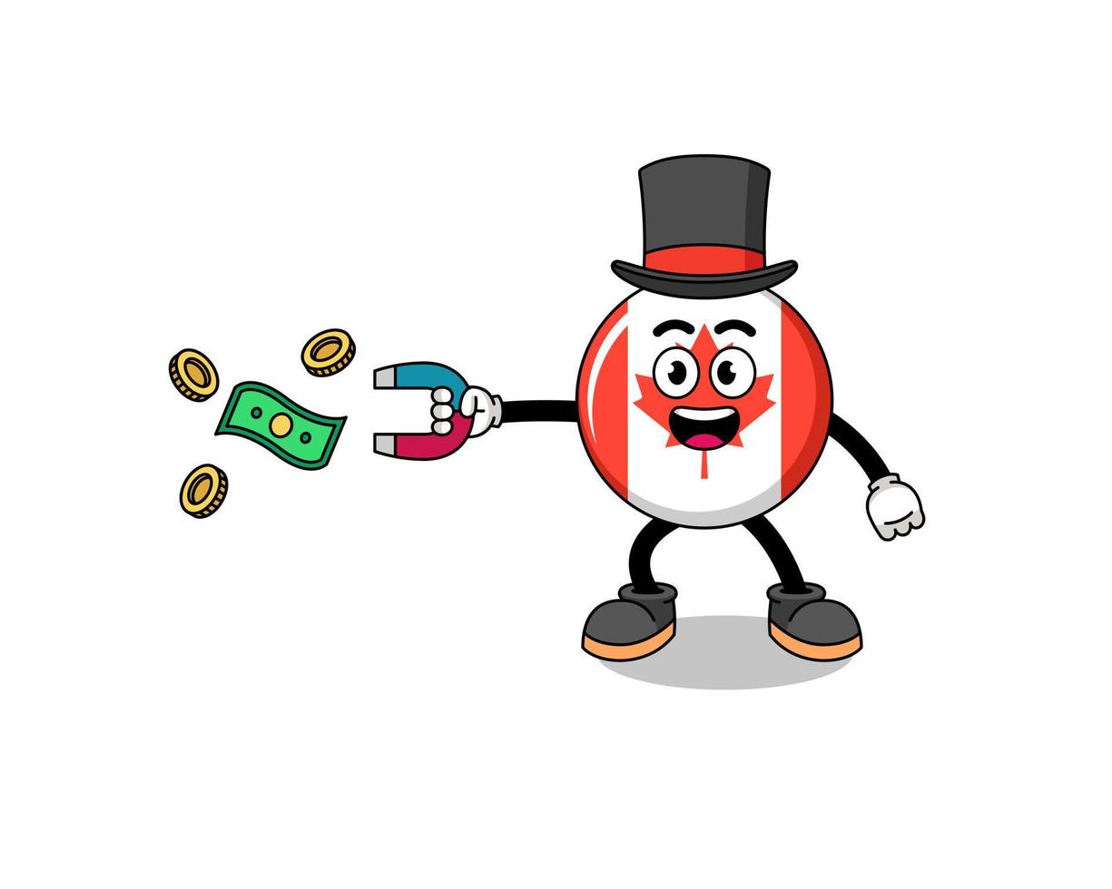 ilustração de personagem da bandeira do canadá pegando dinheiro com um ímã vetor