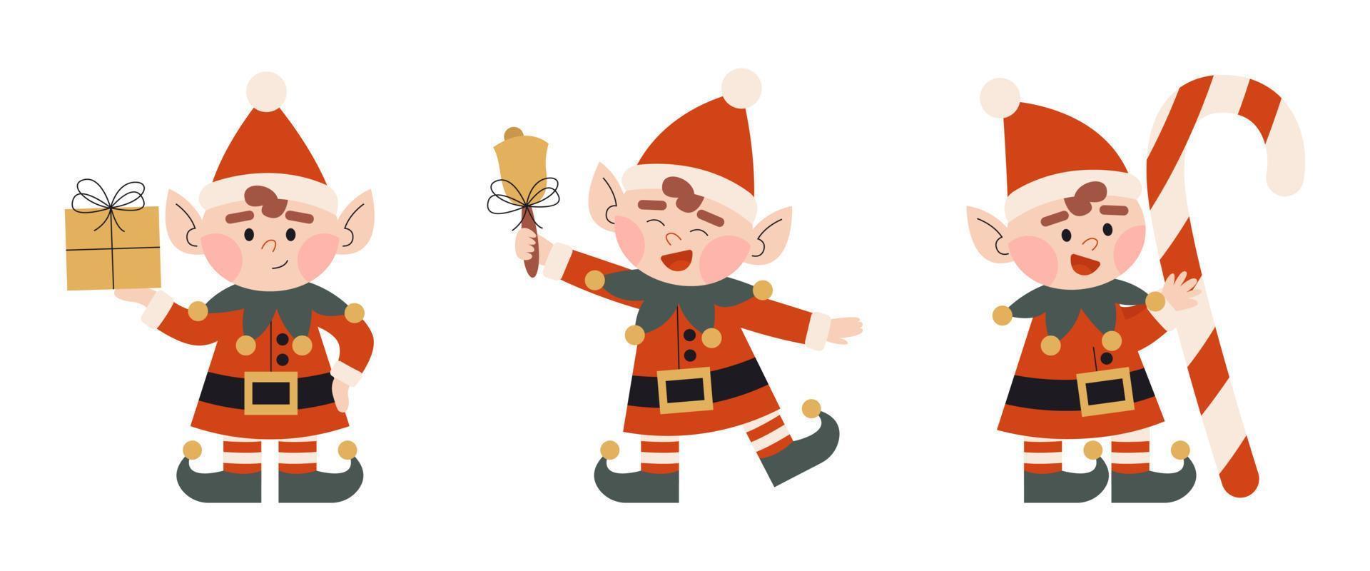 conjunto de duendes de natal. ajudantes do papai noel com presente de feriado, tocando sino de natal, doces. anão pequeno ajudante de fantasia. elf para convites de festas ou cartões comemorativos. vetor