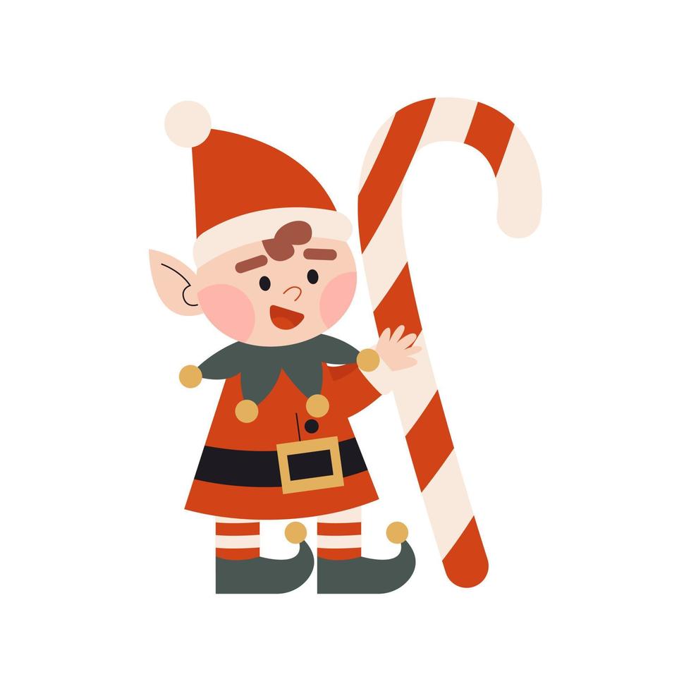 duende de natal em traje vermelho. ajudante de papai noel com pirulito. pequenos ajudantes de fantasia anã. personagem de inverno de crianças. elf para convites de festas ou cartões comemorativos. vetor