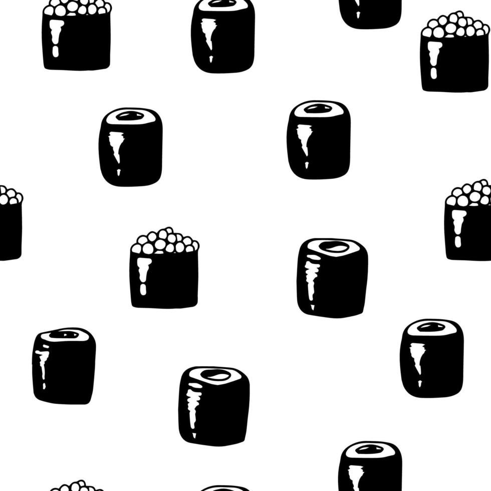 ícones isolados de sushi em padrão sem emenda, ilustração vetorial. design de papel de embrulho para pacotes de entrega de comida de restaurante japonês. prato de frutos do mar da cozinha asiática tradicional, capa de menu de sushi e pãezinhos. vetor