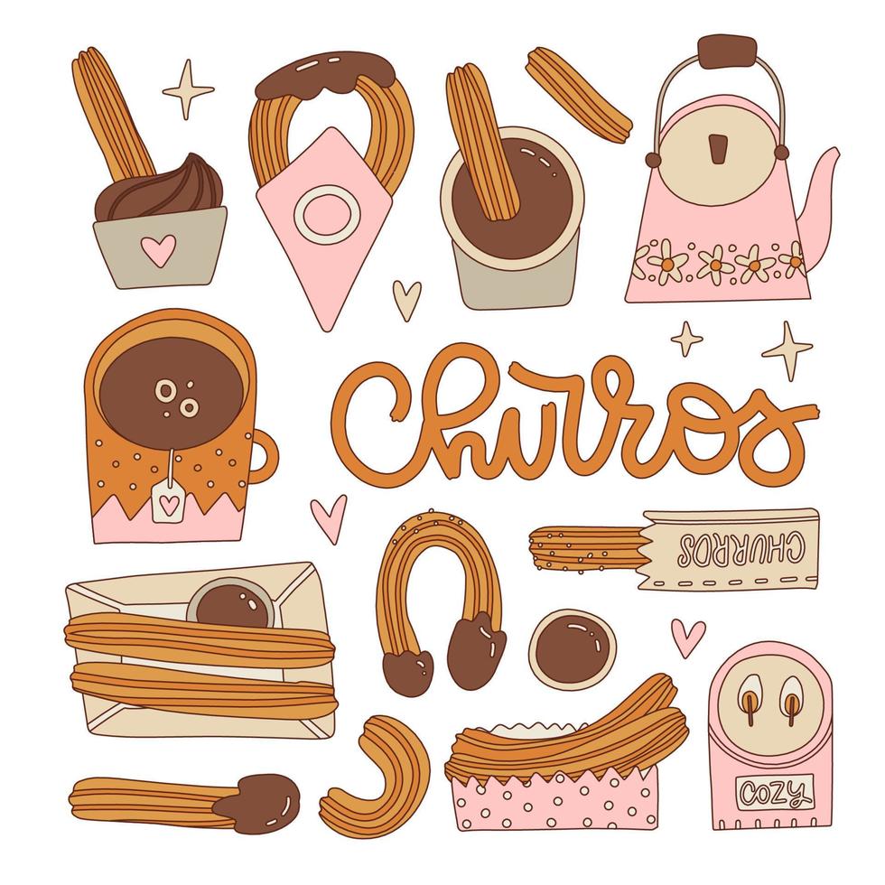 conjunto de churros, diferentes formas de cozinhar e servir churros. churro é uma sobremesa tradicional espanhola. contorno ilustração vetorial vintage para menu, sinal, banner, cartaz, etc. vetor