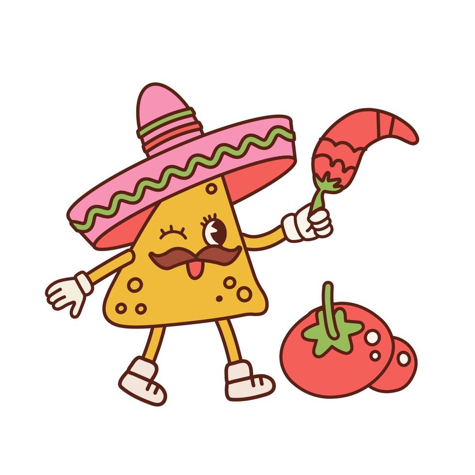 mascote nacho bonito em sombrero com pimenta e bigode. personagem de comida mexicana de desenho animado retrô de vetor de contorno isolado em um fundo branco.