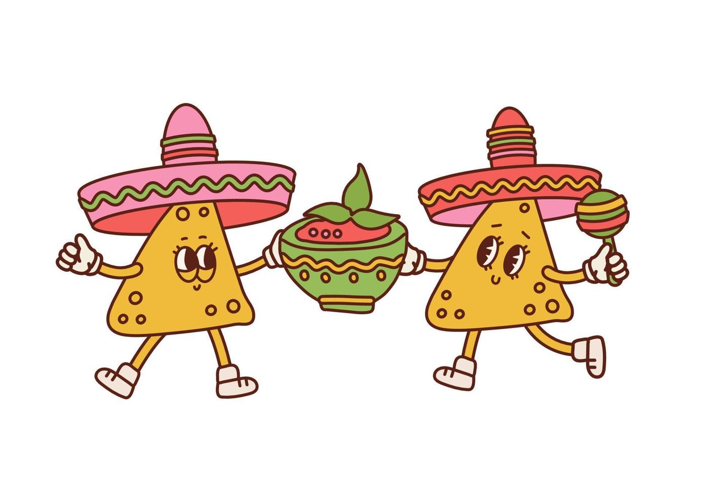 nachos de personagens engraçados de desenhos animados retrô segurando a tigela de molho de tomate. mascote de comida mexicana. nachos chips em chapéus sombreros com maracas. ilustração desenhada à mão do contorno do vetor. vetor